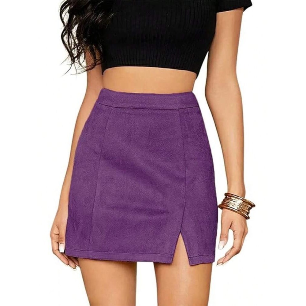 Women's Size Small Mini Skirt Purple Slit Front Zip Back Faux Suede Stretch